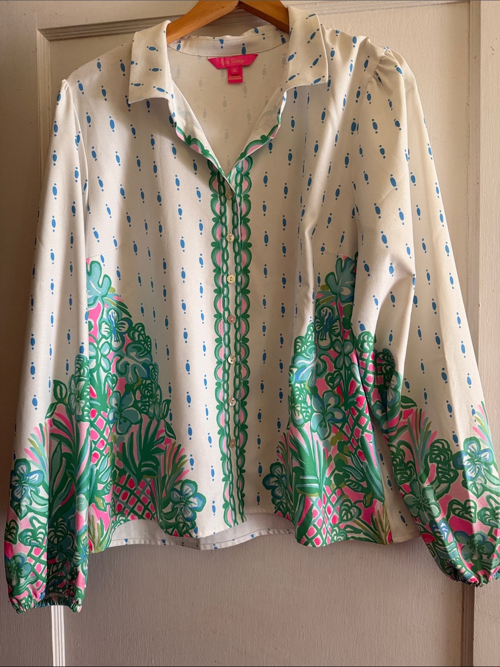 Lilly Pulitzer White Button-Front Blouse with Green and Pink Floral Border